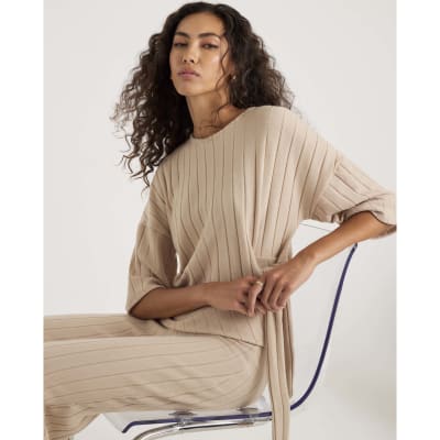 Beige Short Sleeve Wide Ribbed Knot Side Top