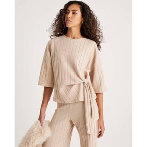 Beige Short Sleeve Wide Ribbed Knot Side Top