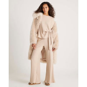 Beige Short Sleeve Wide Ribbed Knot Side Top