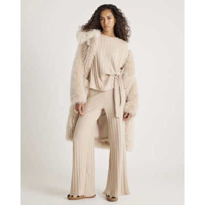 Beige Short Sleeve Wide Ribbed Knot Side Top