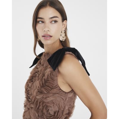 Beige Sleeveless 3D Rose Floral Mini Dress