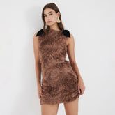 Beige Sleeveless 3D Rose Floral Mini Dress