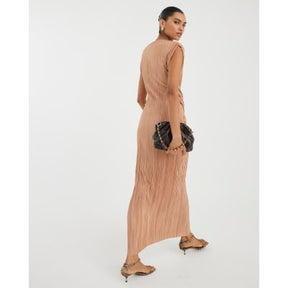 Beige Sleeveless Plisse Wrap Waist Midi Dress