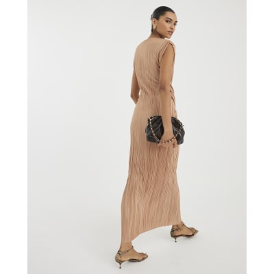 Beige Sleeveless Plisse Wrap Waist Midi Dress