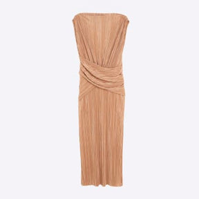 Beige Sleeveless Plisse Wrap Waist Midi Dress