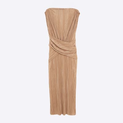 Beige Sleeveless Plisse Wrap Waist Midi Dress