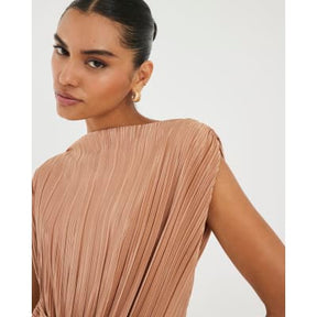 Beige Sleeveless Plisse Wrap Waist Midi Dress