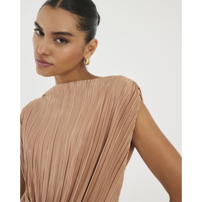 Beige Sleeveless Plisse Wrap Waist Midi Dress