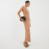 Beige Sleeveless Plisse Wrap Waist Midi Dress