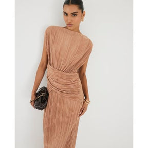 Beige Sleeveless Plisse Wrap Waist Midi Dress
