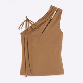 Beige Sleeveless Tie Shoulder Cut Out Top