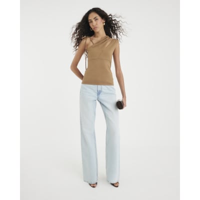 Beige Sleeveless Tie Shoulder Cut Out Top