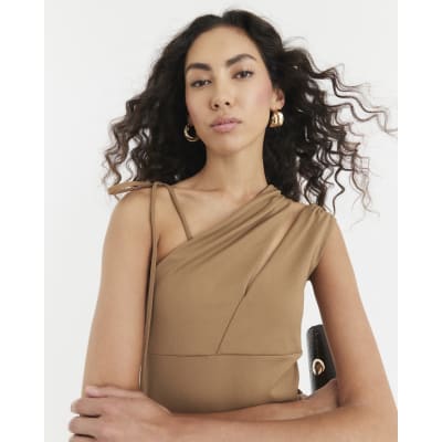 Beige Sleeveless Tie Shoulder Cut Out Top