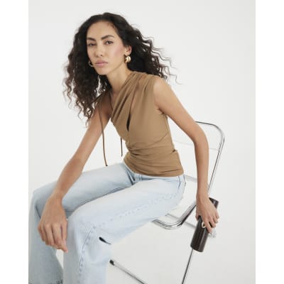 Beige Sleeveless Tie Shoulder Cut Out Top