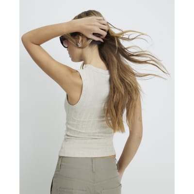 Beige Sleeveless Wide Ribbed Tank Top