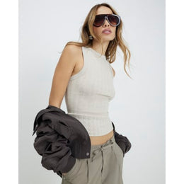 Beige Sleeveless Wide Ribbed Tank Top