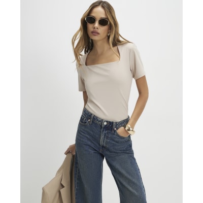 Beige Square Neck Fitted T-shirt