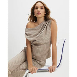Beige Stretch Sleeveless Striped Drape Top