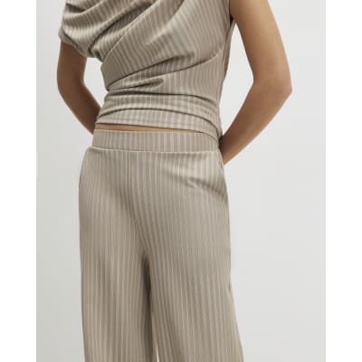 Beige Stretch Striped Wide Leg Trousers