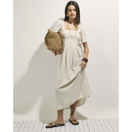 Beige Stripe Linen Blend Shirred Midi Dress