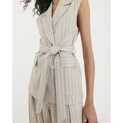 Beige Stripe Sleeveless Waistcoat