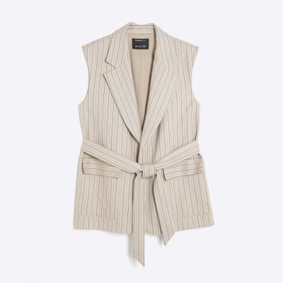 Beige Stripe Sleeveless Waistcoat