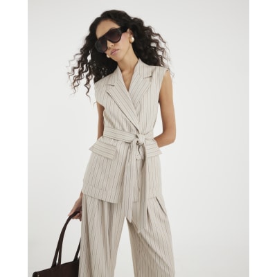 Beige Stripe Sleeveless Waistcoat