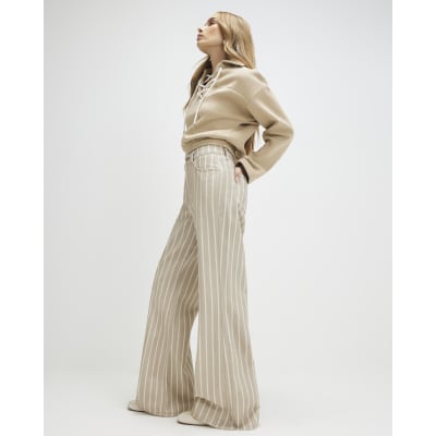 Beige Stripe Wide Leg Jeans