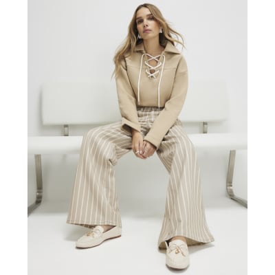 Beige Stripe Wide Leg Jeans