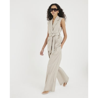 Beige Stripe Wide Leg Trousers
