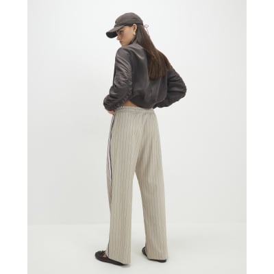 Beige Striped Tailored Wide Leg Joggers