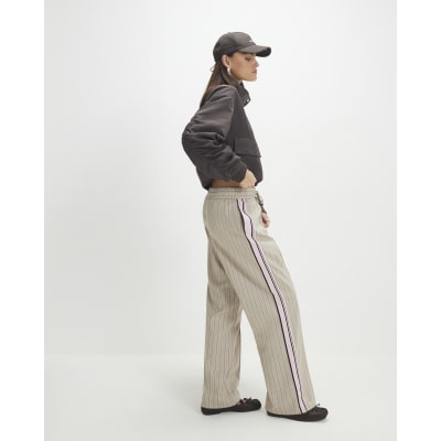 Beige Striped Tailored Wide Leg Joggers