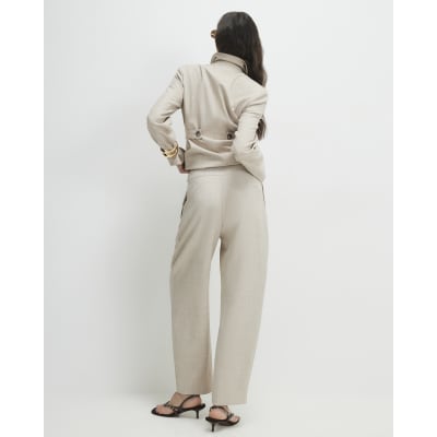 Beige Tailored Barrel Leg Trousers