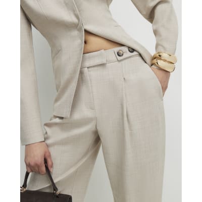 Beige Tailored Barrel Leg Trousers