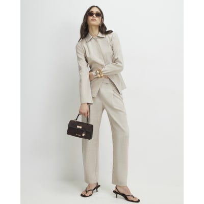 Beige Tailored Barrel Leg Trousers