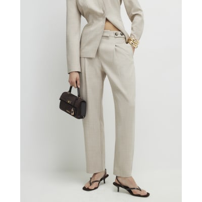 Beige Tailored Barrel Leg Trousers