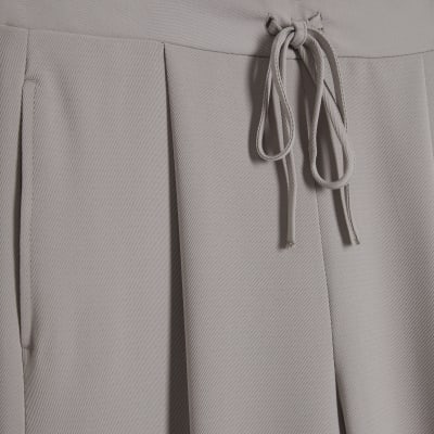 Beige Tailored Drawstring Wide Leg Trousers