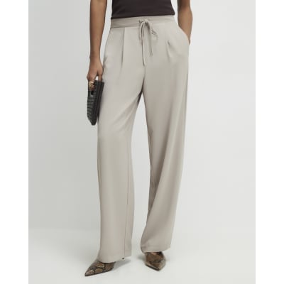 Beige Tailored Drawstring Wide Leg Trousers