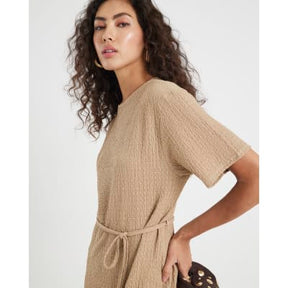 Beige Textured Belted Dress