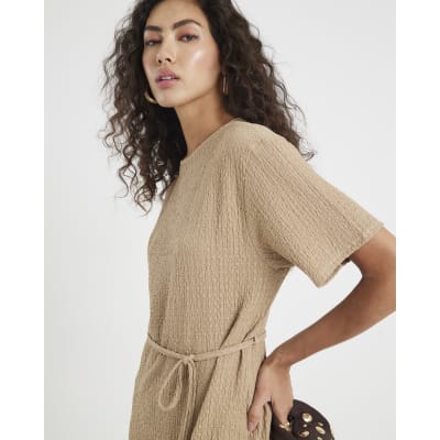 Beige Textured Belted Dress