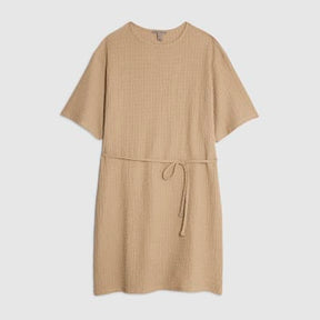 Beige Textured Belted Dress