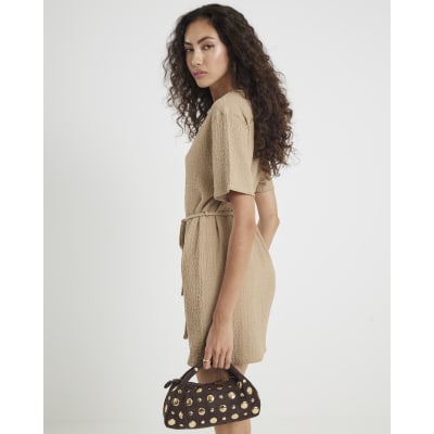 Beige Textured Belted Dress