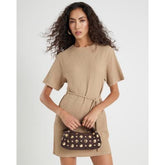 Beige Textured Belted Dress