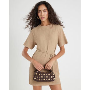 Beige Textured Belted Dress