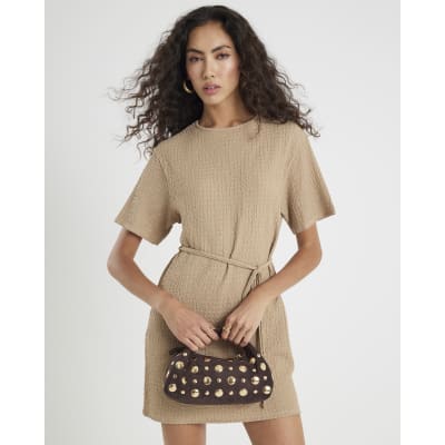 Beige Textured Belted Dress