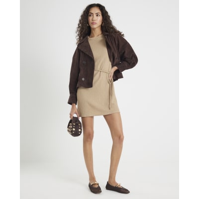 Beige Textured Belted Dress