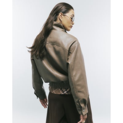 Beige Textured Faux Leather Bomber Jacket