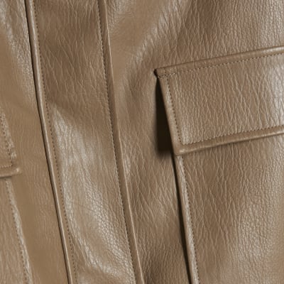 Beige Textured Faux Leather Bomber Jacket