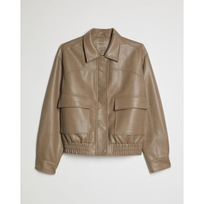 Beige Textured Faux Leather Bomber Jacket