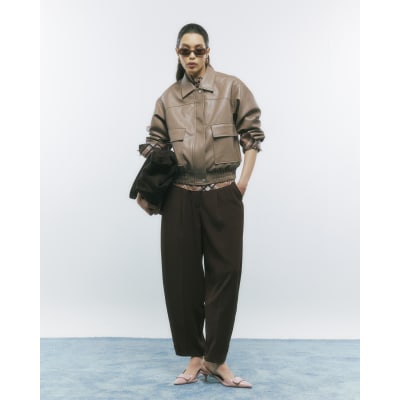 Beige Textured Faux Leather Bomber Jacket